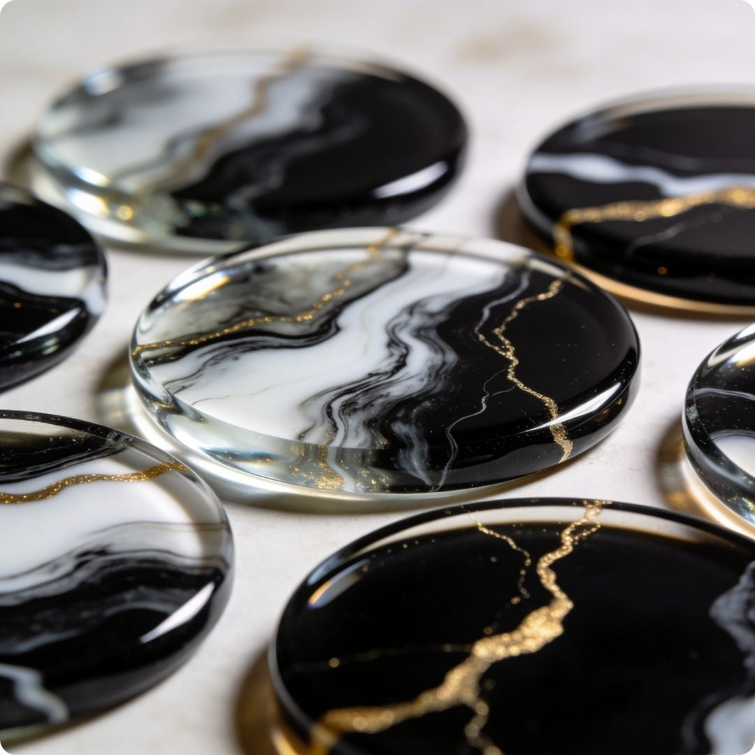 Black and white marbled coasters with gold accents on a light surface