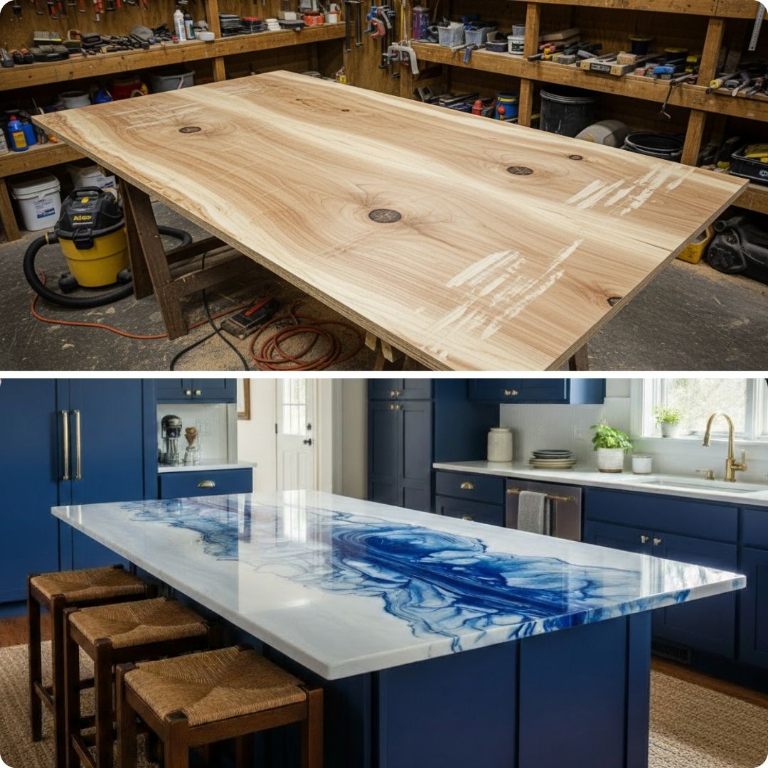 Top image: Large wooden workbench in a workshop. Bottom image: Kitchen island with blue and white design.