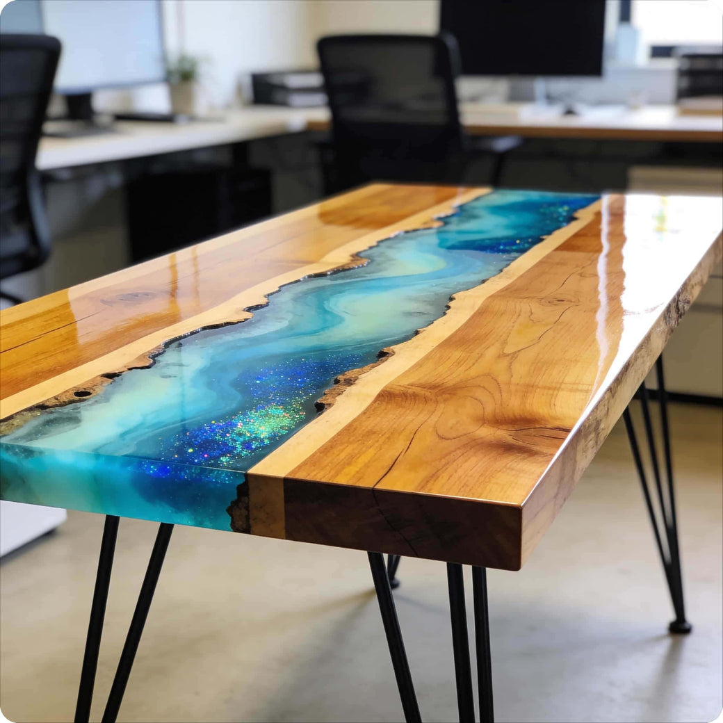 Wooden table with a blue resin river in an office setting