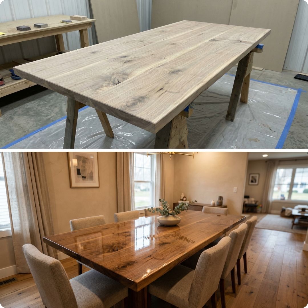 Raw slab transformed into polished dining table