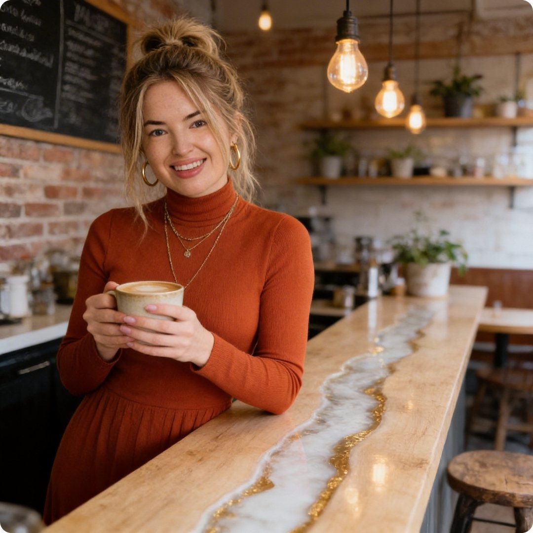 illona holding a cup of coffee in a cozy cafe setting