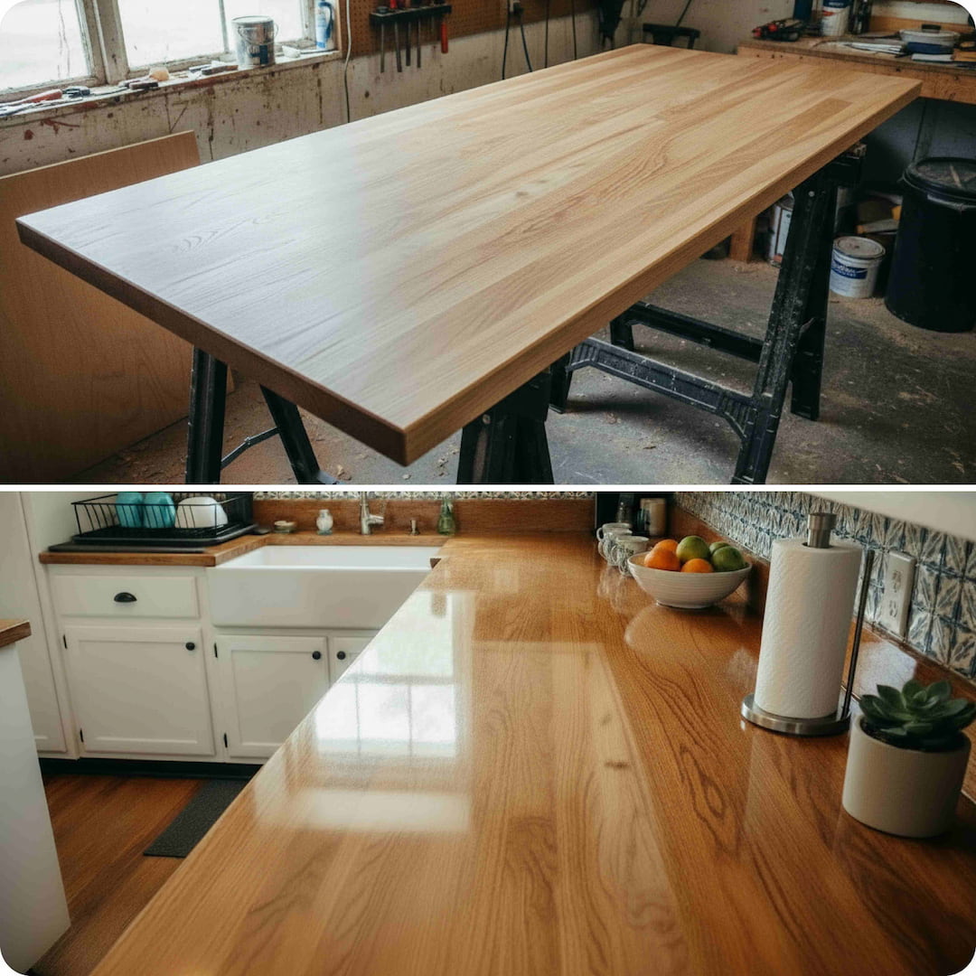 Top image: Wooden table in a workshop setting. Bottom image: Wooden kitchen island with kitchen setup.