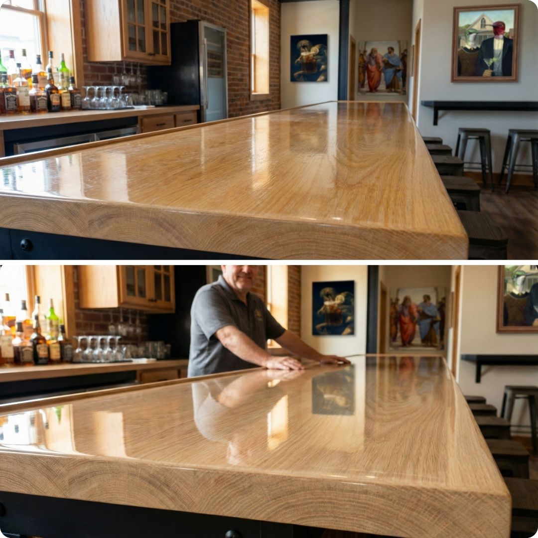 A clean, glossy wooden bar counter