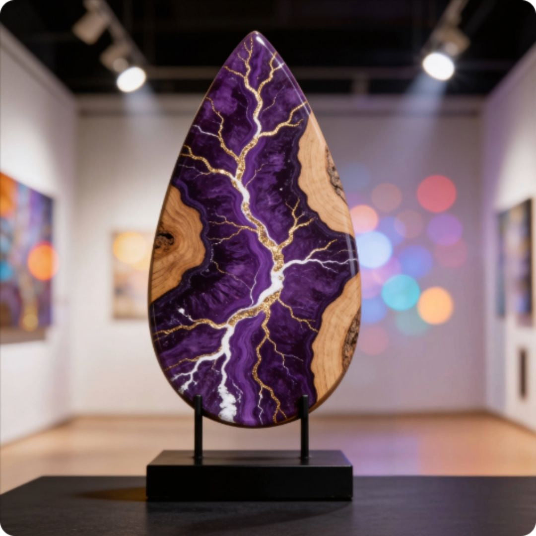 Decorative purple and gold stone on a stand in an art gallery setting