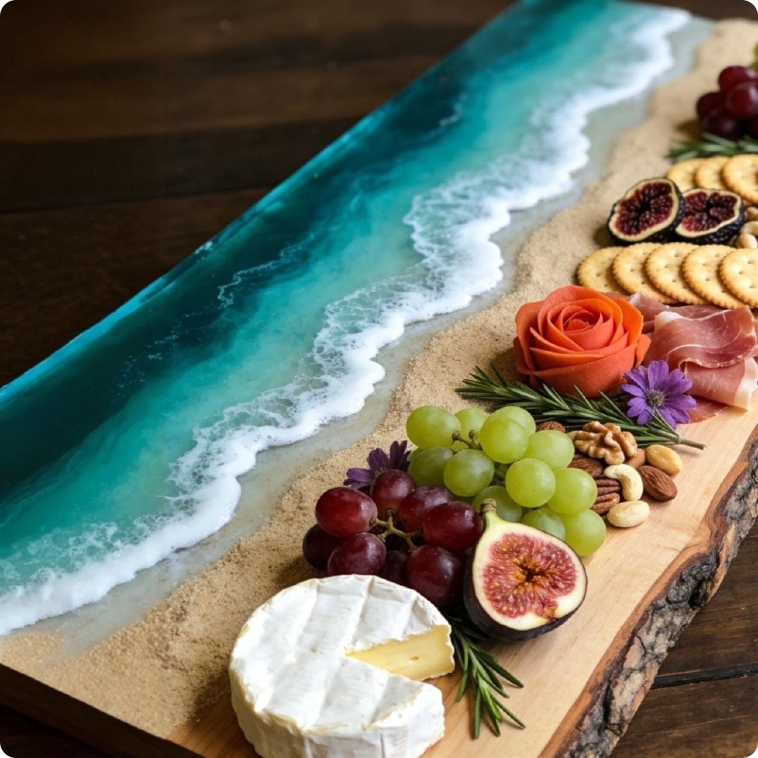 Wooden charcuterie board with fruits, cheese, and meats on a decorative background