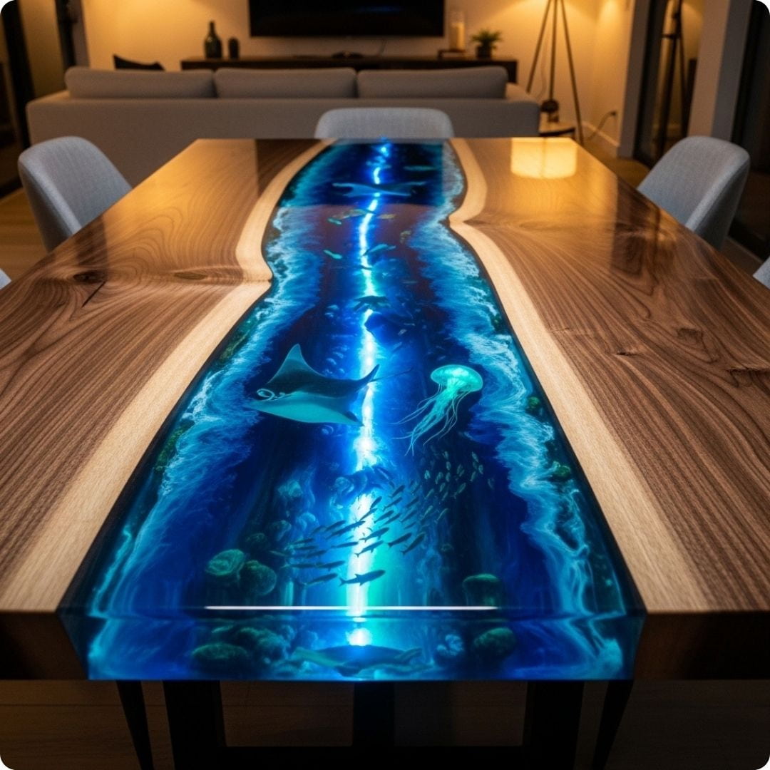 Dining table with an underwater-themed design featuring fish and jellyfish, set in a modern living room.