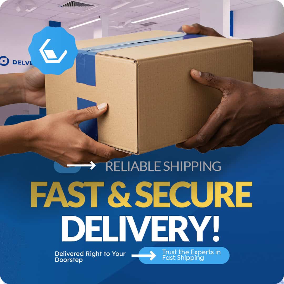 Two hands exchanging a cardboard box with text about reliable shipping and fast secure delivery.