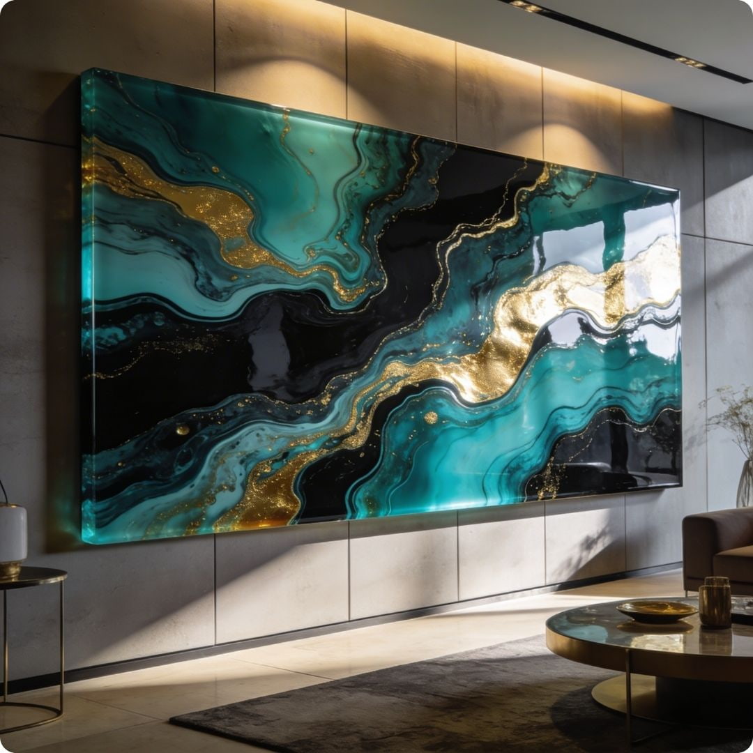 Abstract art piece with teal, black, and gold colors on a wall.