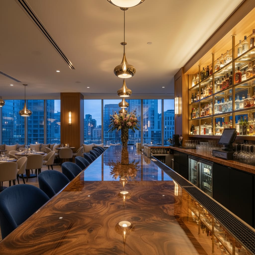 Modern epoxy bar with wooden counter, chairs, and a cityscape view