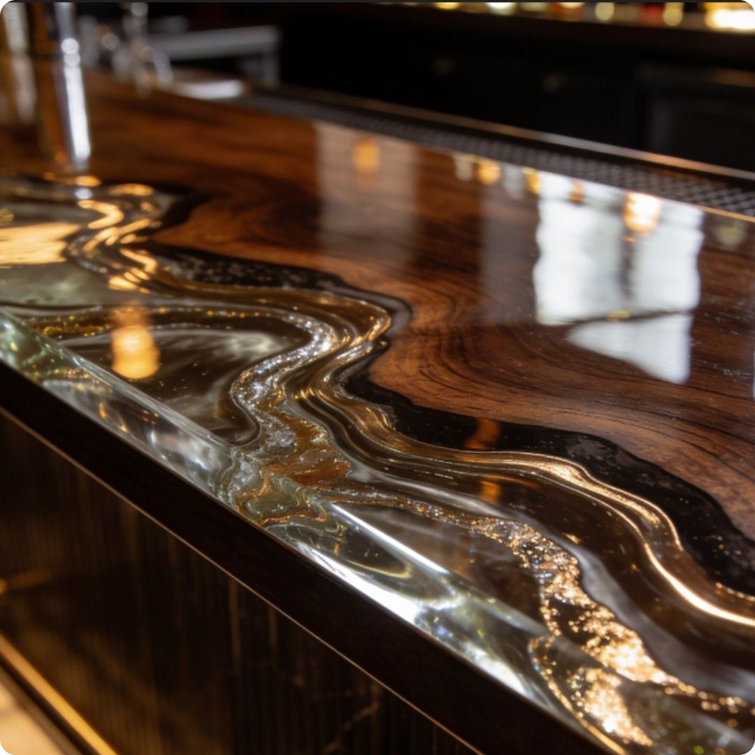 Close-up of a wooden countertop with a glass-like finish