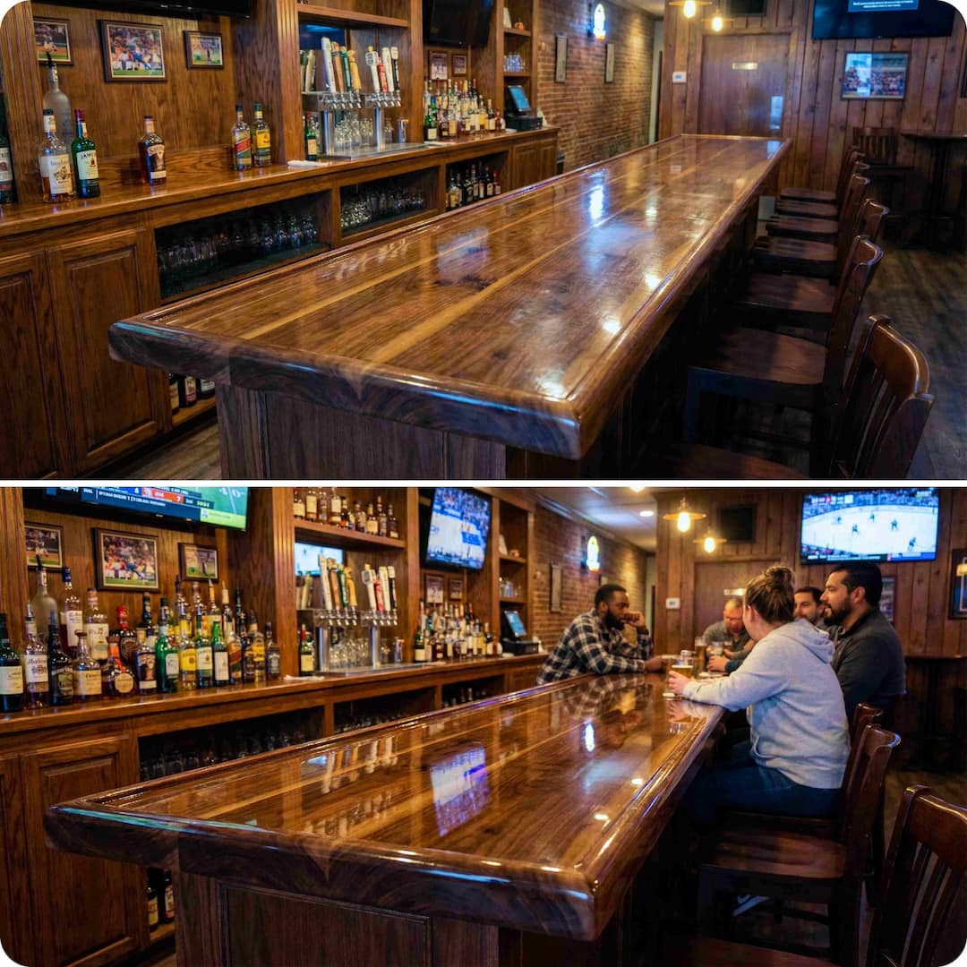 Wooden bar counter in a pub with shelves of bottles and patrons sitting.
