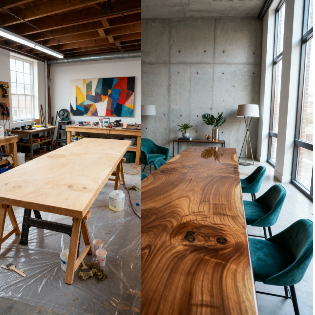 Two images of epoxy wooden tables