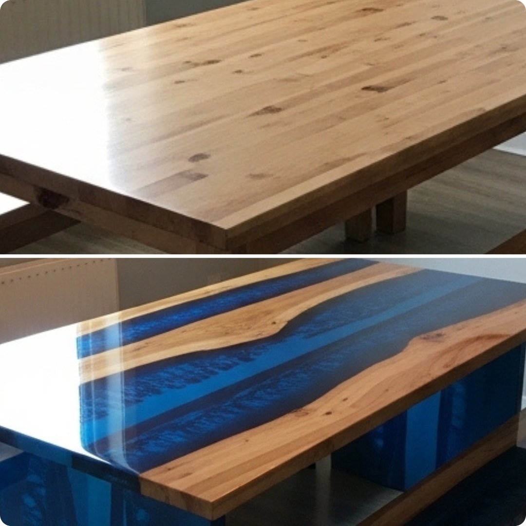 Comparison of a wooden table before and after being covered with a blue resin finish.