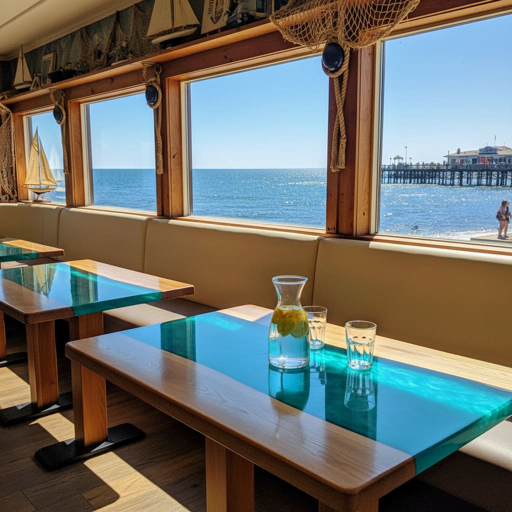 Restaurant interior with epoxy river tables and views of the ocean and pier