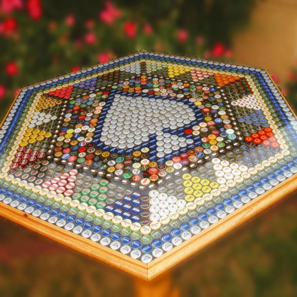 Hexagonal epoxy table top made of colorful bottle caps