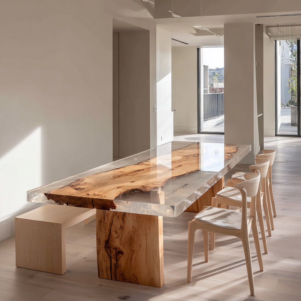 Modern dining area with a epoxy clear and wooden table and chairs in a bright room.