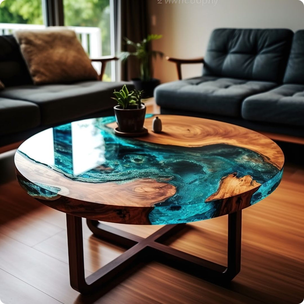 Round wooden coffee table with a blue resin design in a living room setting.