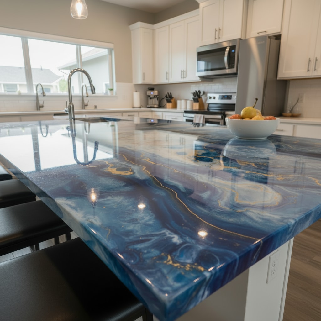 Modern kitchen with a blue marbled epoxy countertop