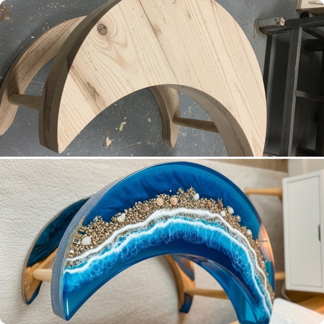 Wooden chair with a blue resin and stone design on a light background
