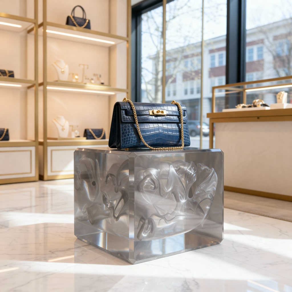 Blue handbag on a decorative epoxy deep pour stand in a store setting