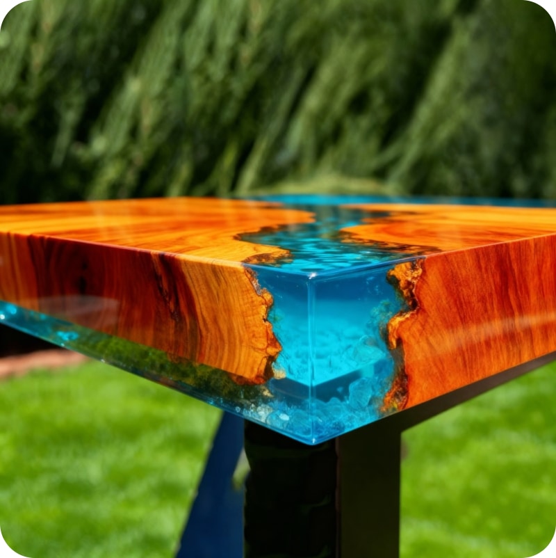 Table with wooden top and blue resin inlay on a grassy background