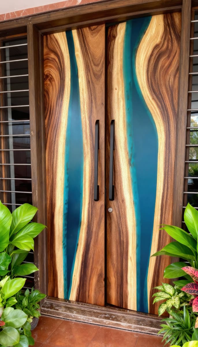 Teal epoxy wood entry doors