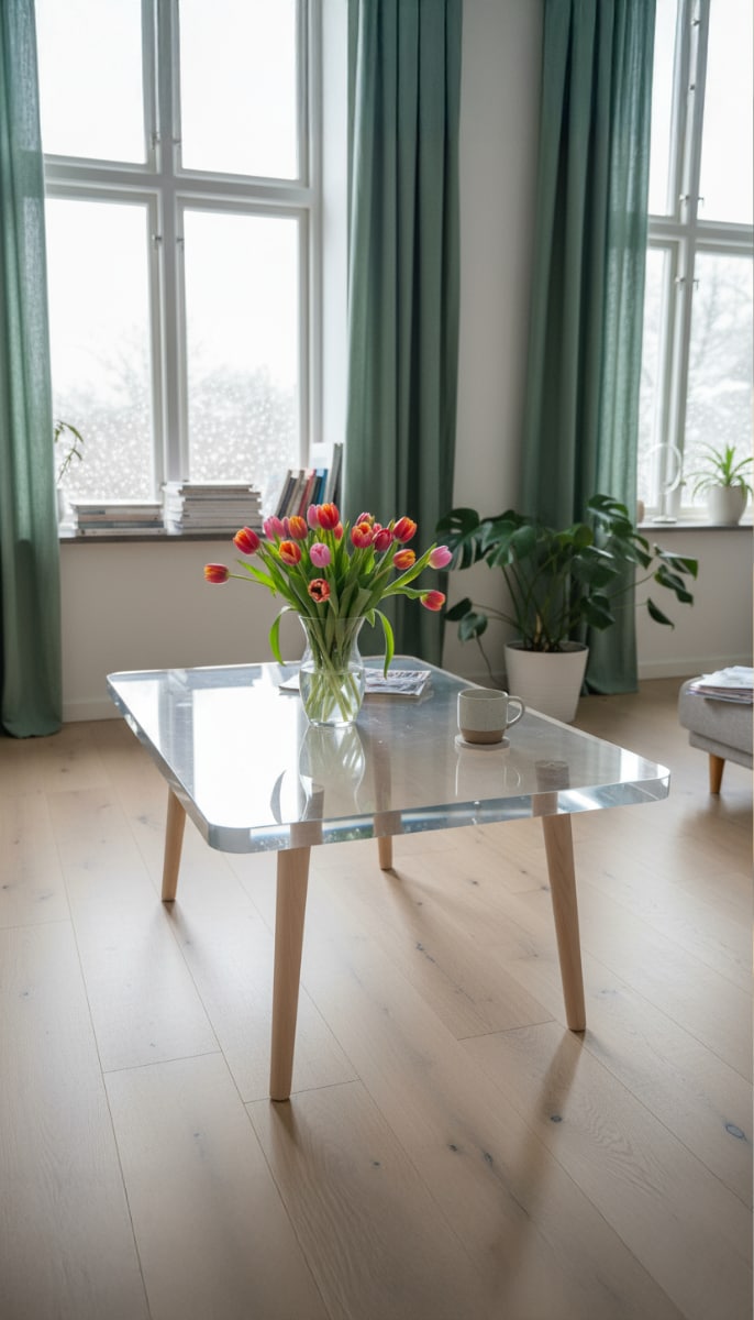 Clear epoxy coffee table tulips