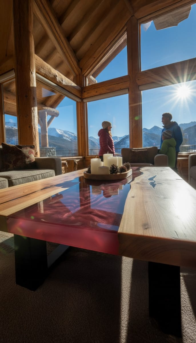 Red epoxy table mountain cabin