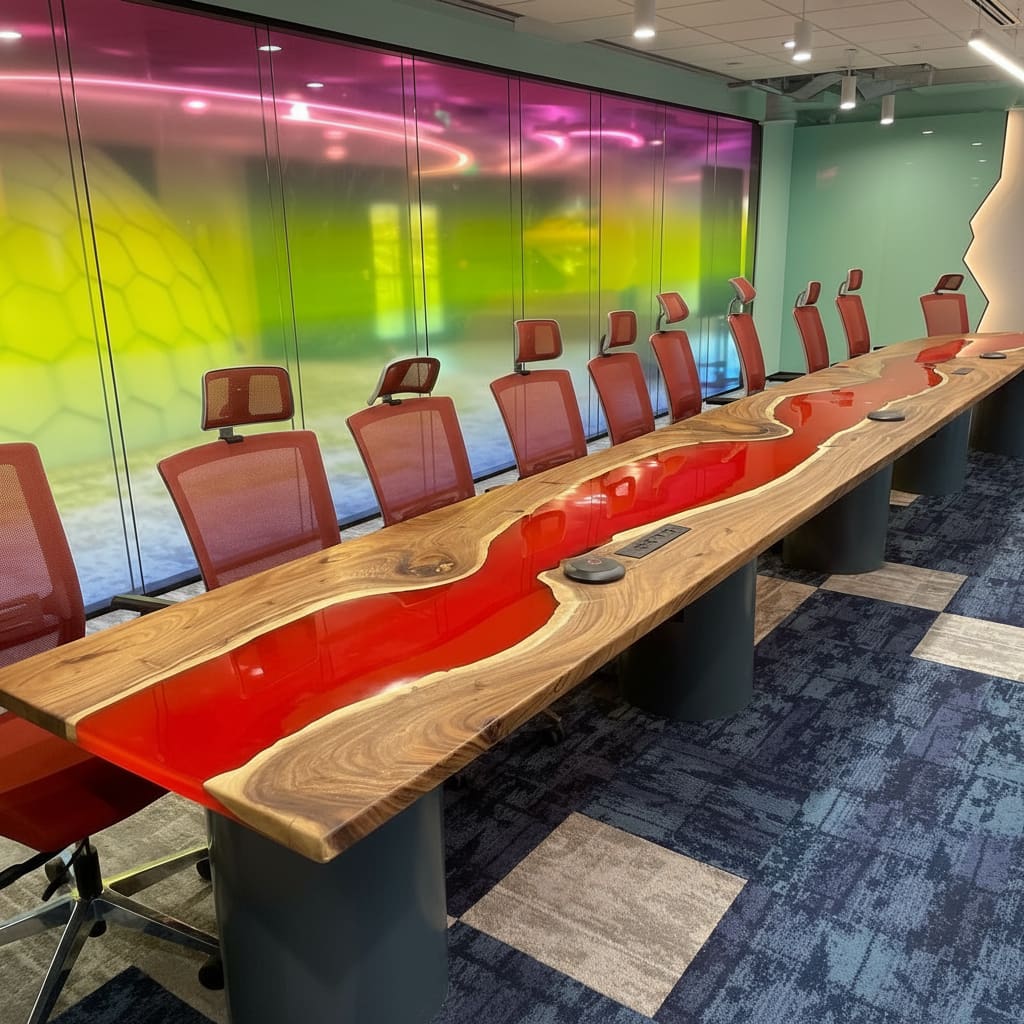 Modern conference room with a long wooden epoxy table and red chairs against a colorful wall.