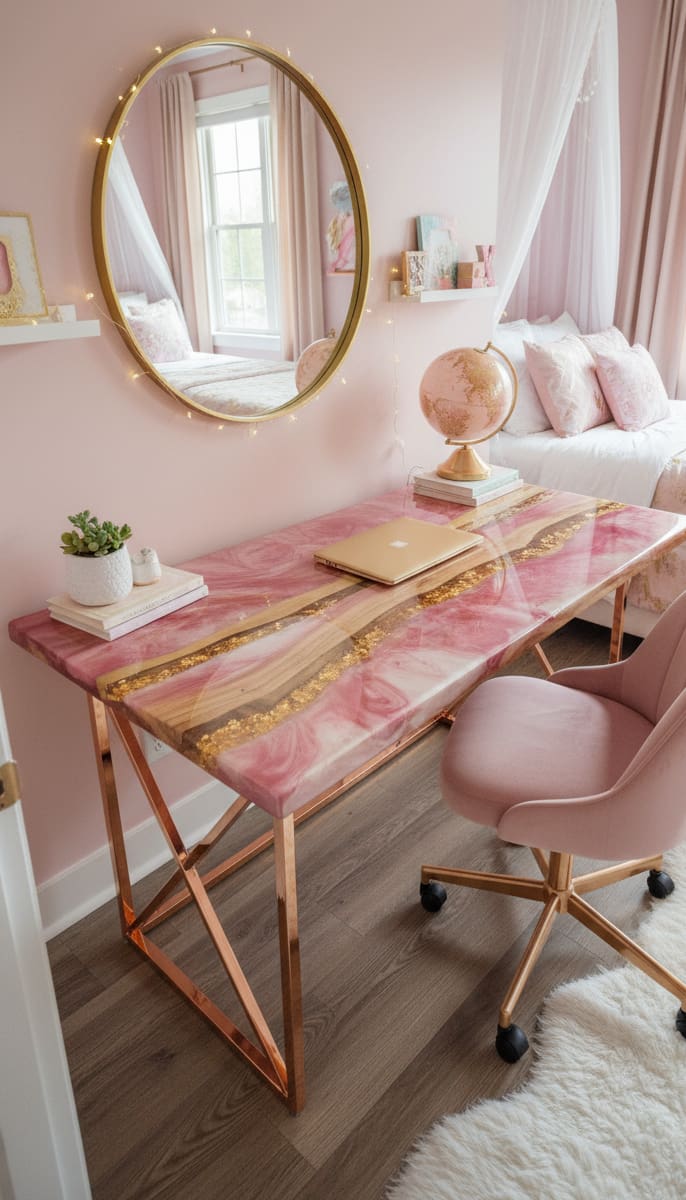 Pink gold epoxy desk setup