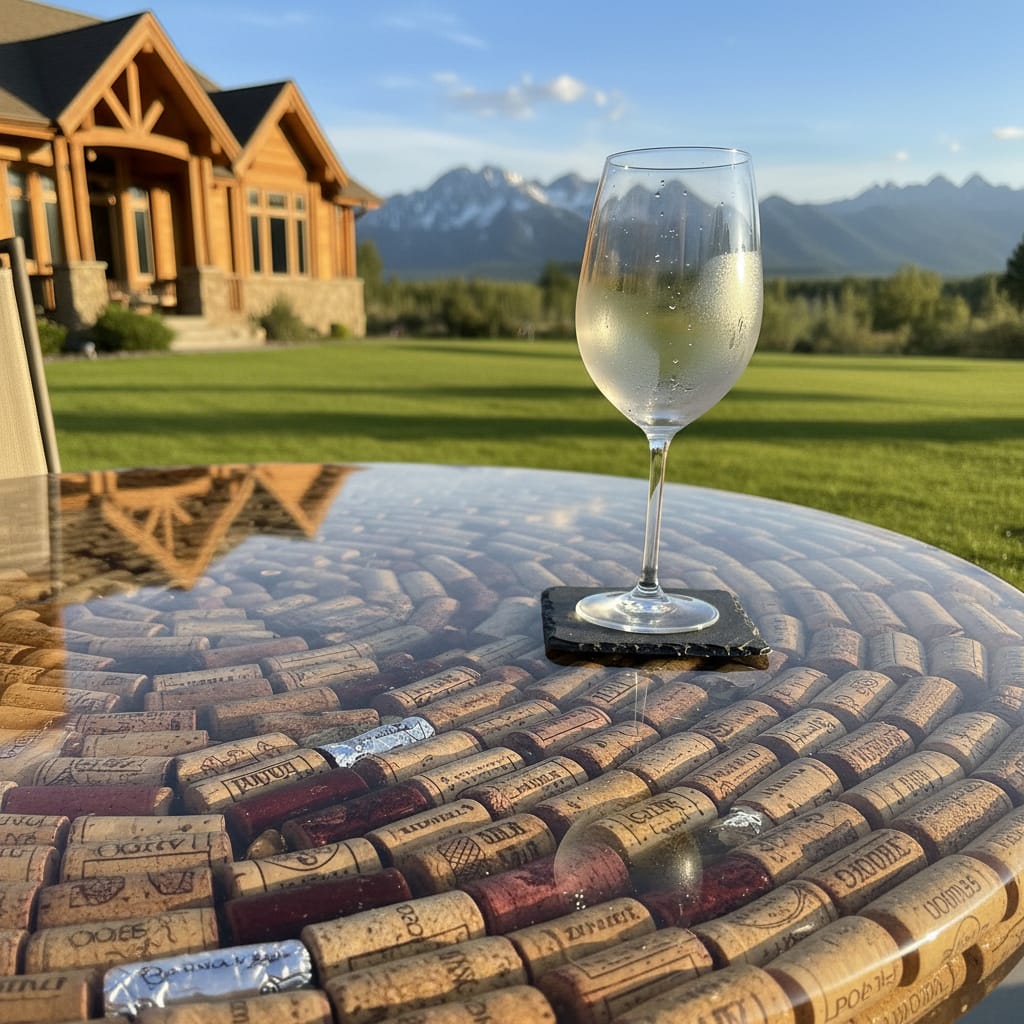 epoxy table with wine corks, log cabin, and mountains in the background