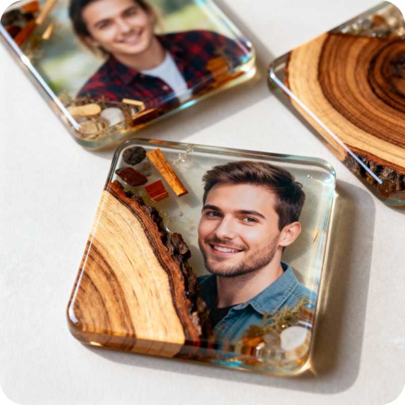 Epoxy Coasters with wooden edges and images of a person on a light surface