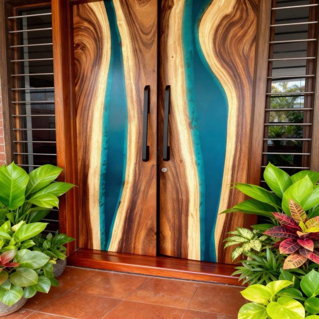 Wooden epoxy door with wavy blue and brown design, surrounded by plants