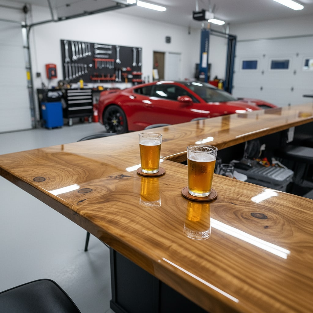 wooden epoxy bar top in a garage with a red car in the background.