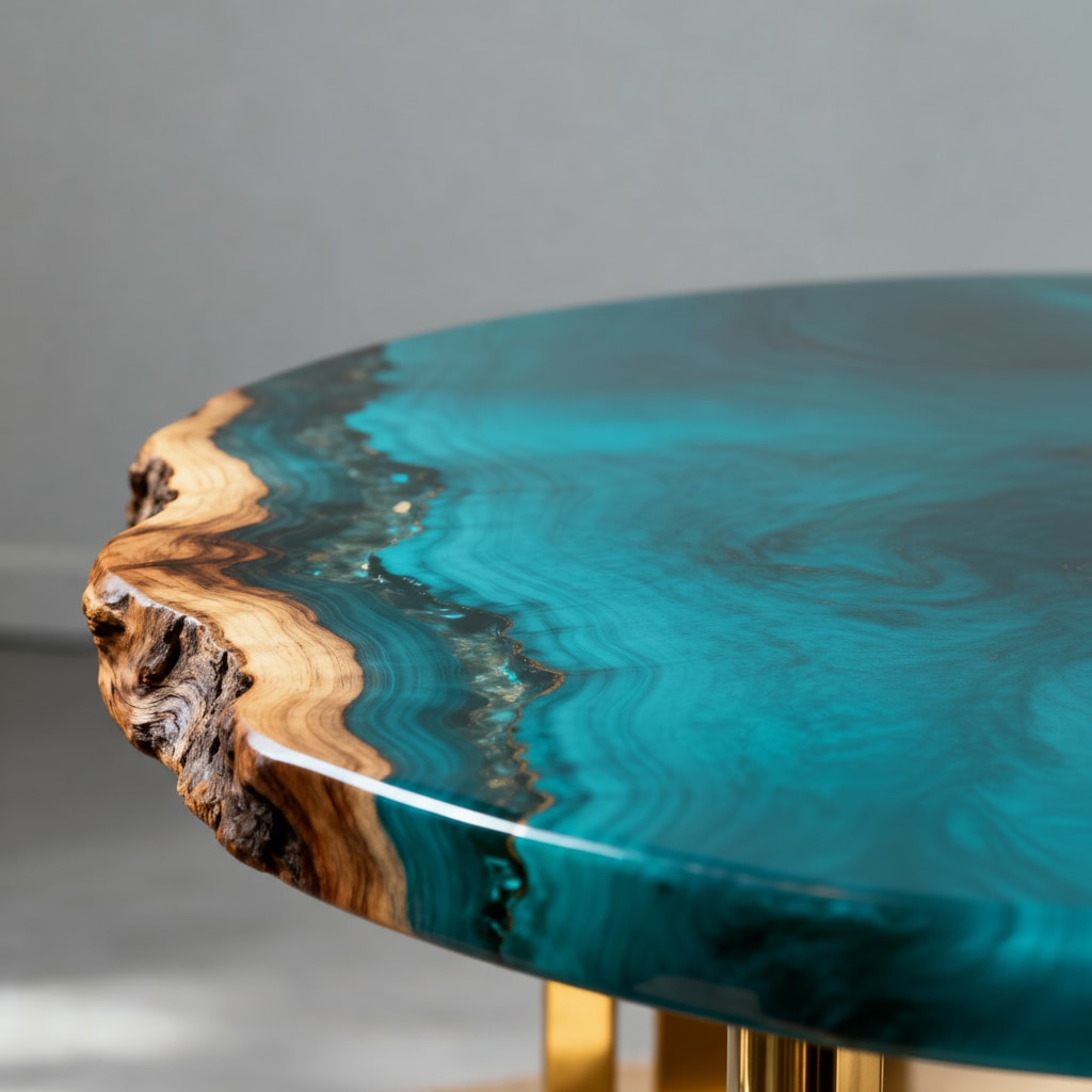 Round table with a teal resin top and wooden edge on a gray background