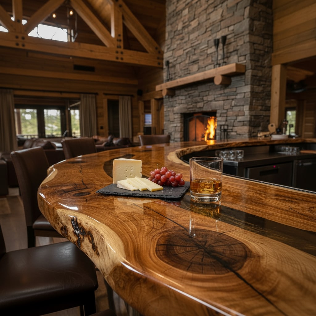 epoxy Wooden bar counter with a glass of whiskey, cheese, and grapes in a cozy cabin setting.