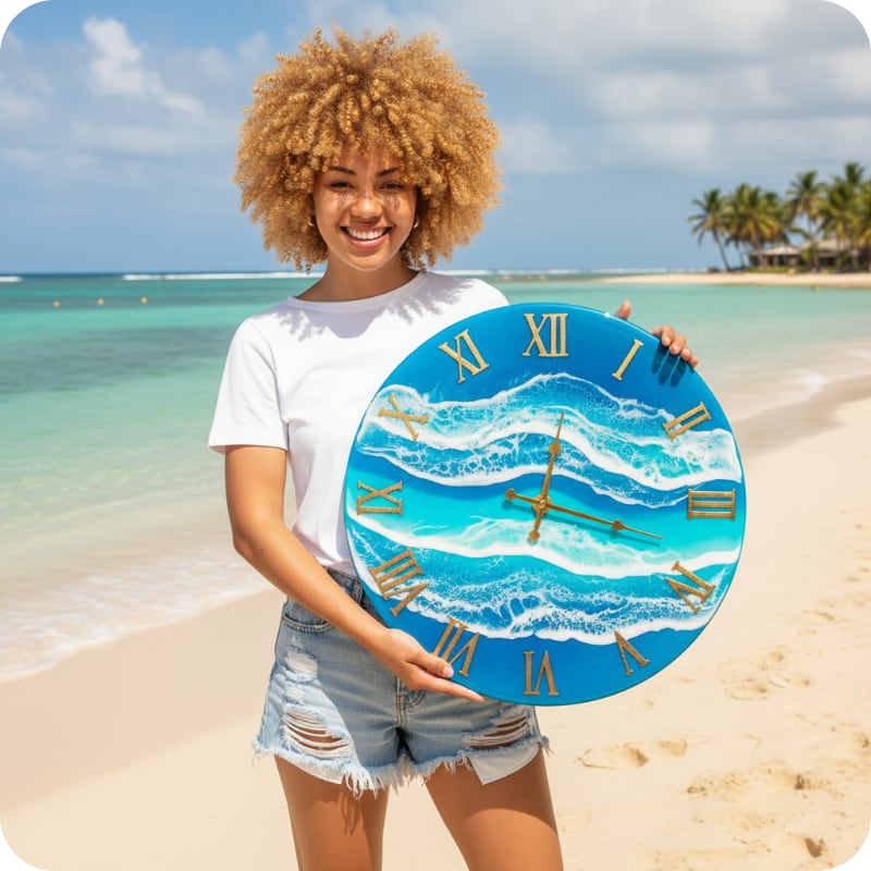 Person holding a decorative clock with ocean design on a beach