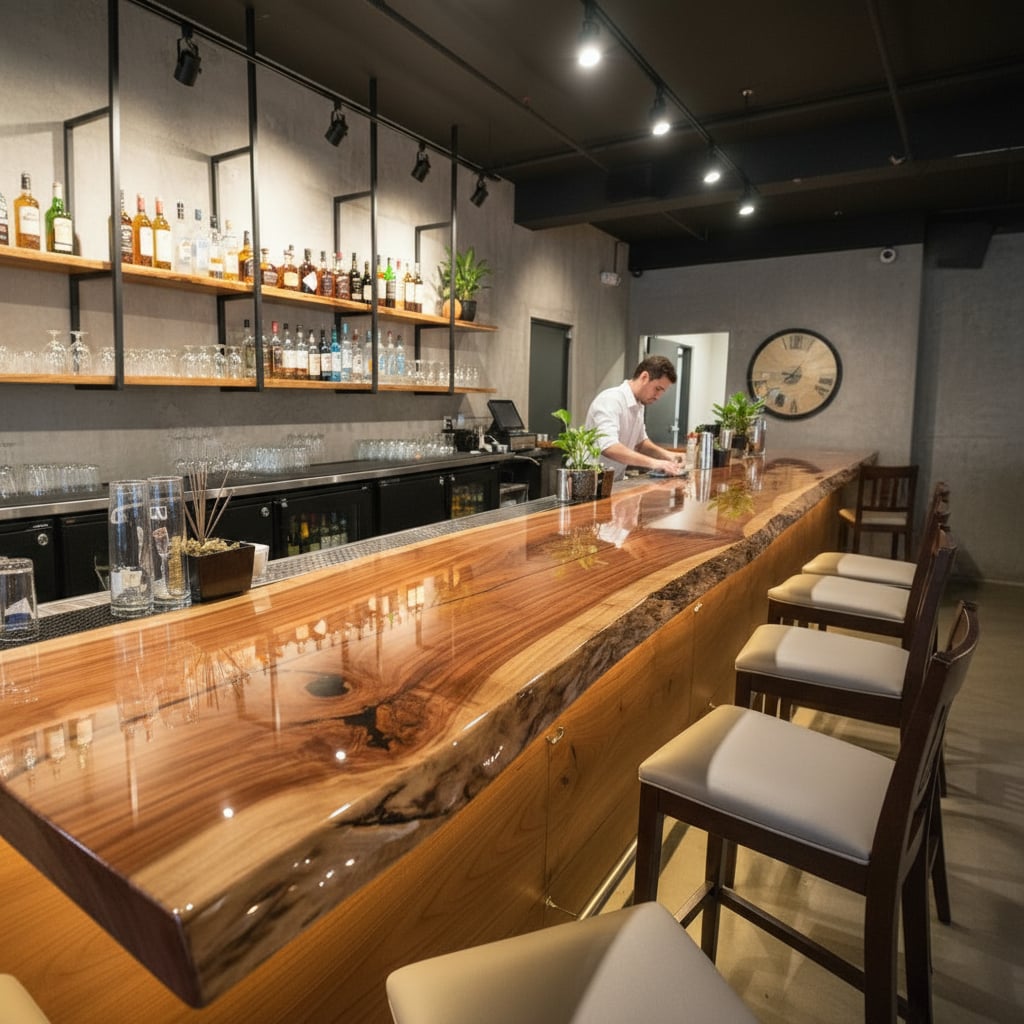 Modern bar interior with epoxy wooden counter and shelves displaying bottles.