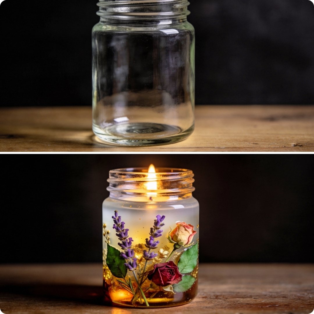 Clear glass jar with a lit candle inside, containing flowers on a wooden surface.