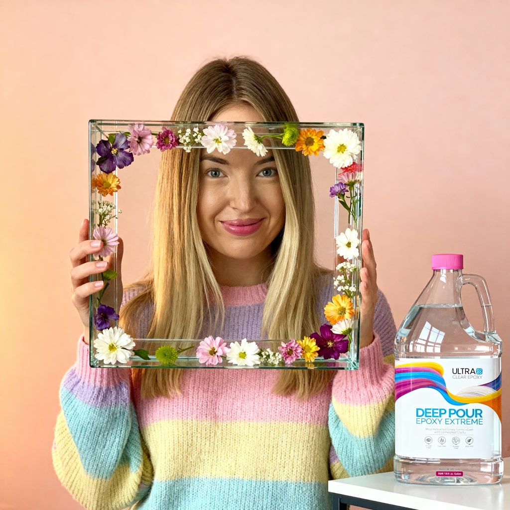 Woman holding a decorative glass box with flowers, next to a bottle of Deep Pour Epoxy Resin on a pink background.