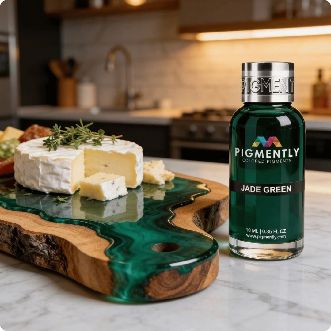 Bottle of liquid pigment Jade Green colorant on a kitchen counter with cheese and bread.