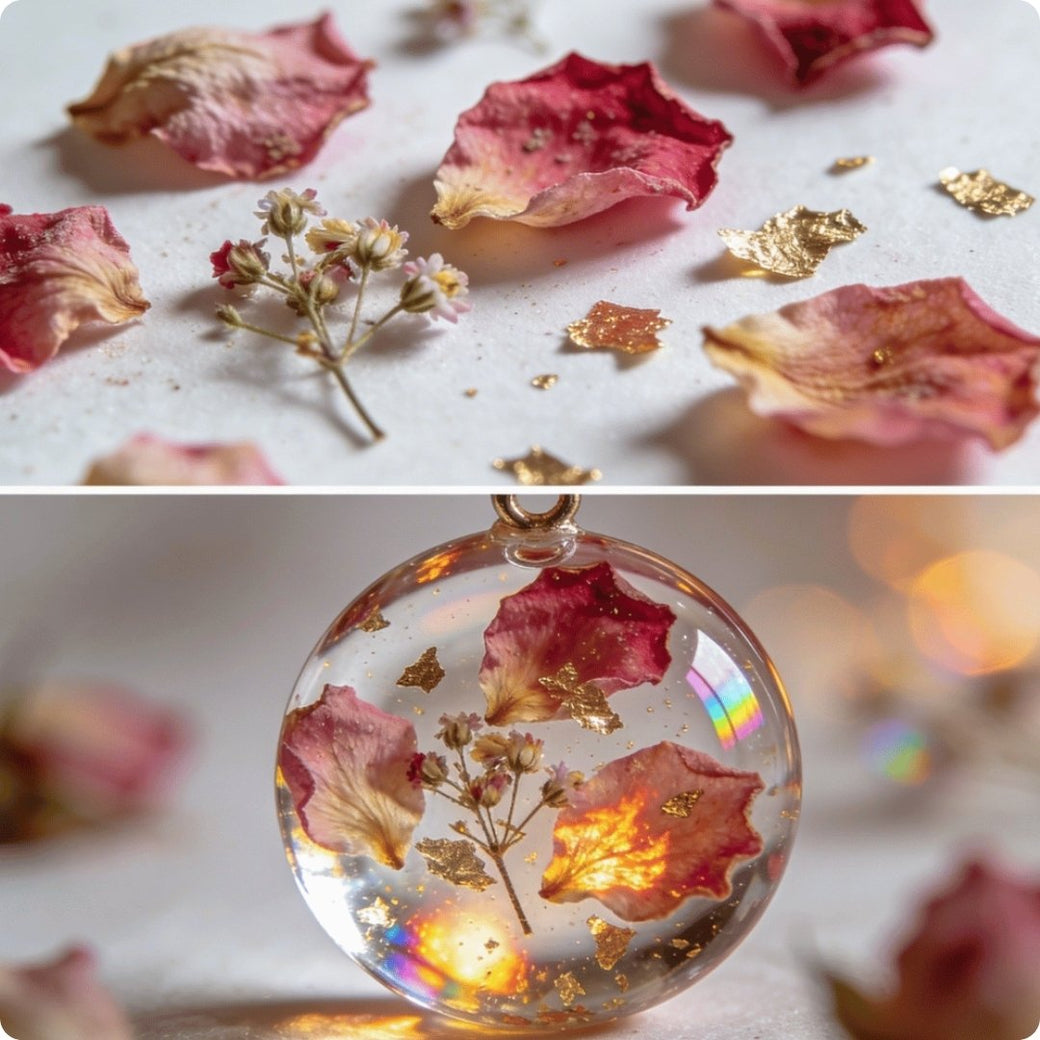 Collage of dried flowers and a transparent pendant with floral elements.