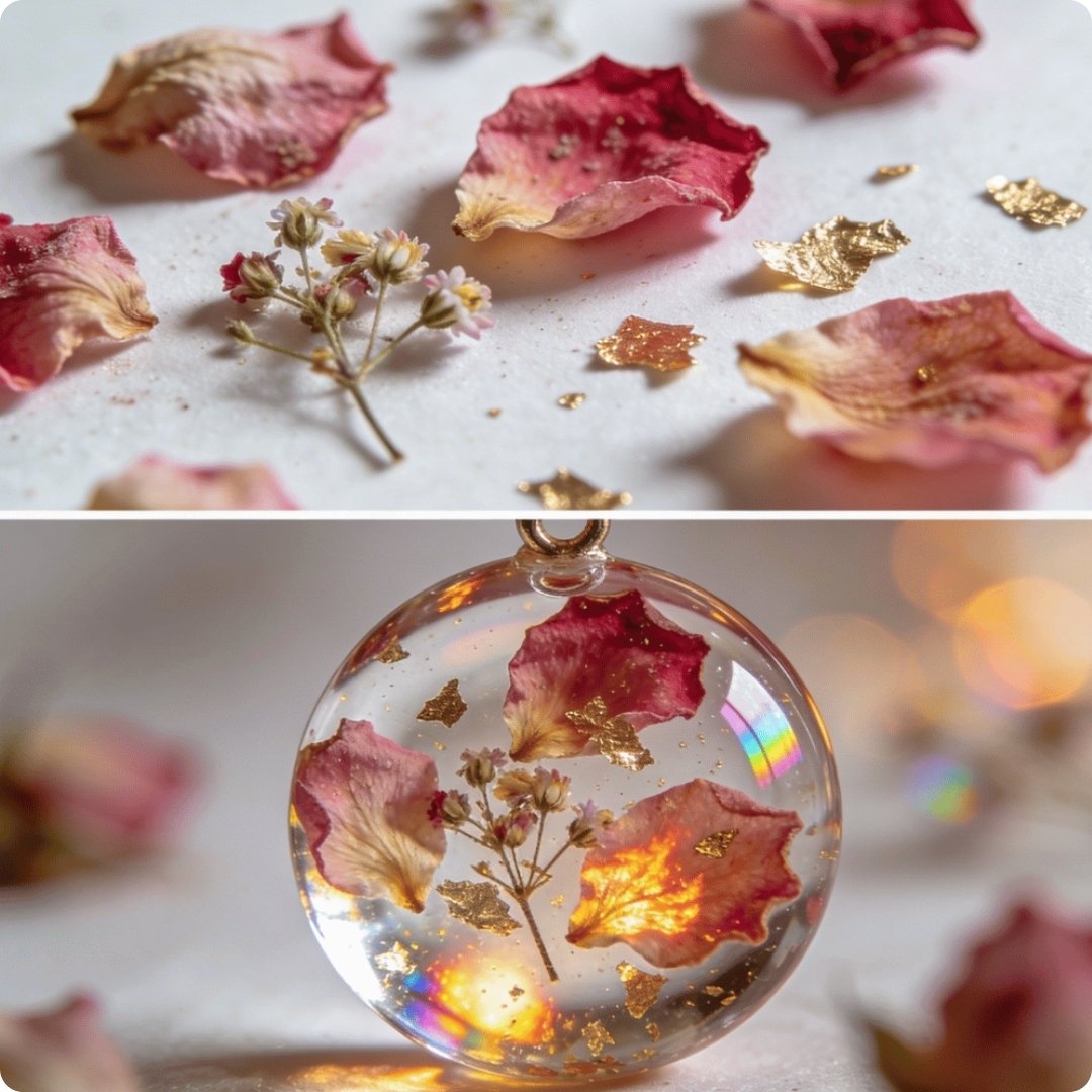 Collage of dried flowers and a transparent pendant with floral elements.