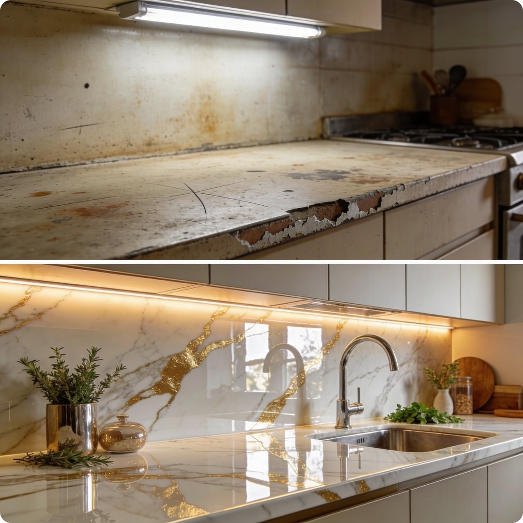 Before and after comparison of a kitchen backsplash and countertop transformation.