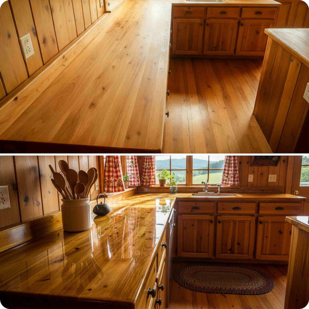 Wooden kitchen with countertops and cabinets, featuring a window view.