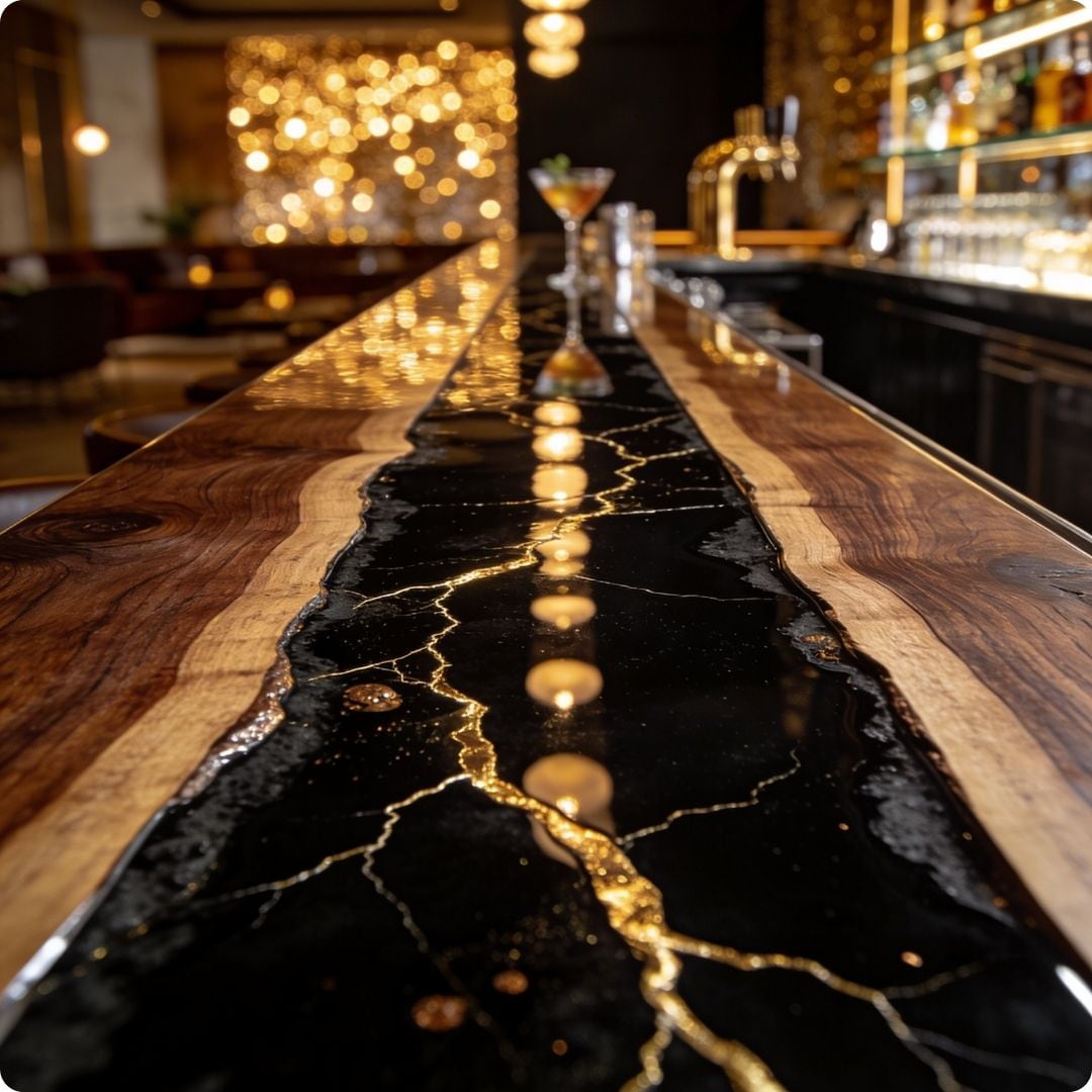Close-up of a bar counter with black marble and gold vein design, blurred background of a bar setting.