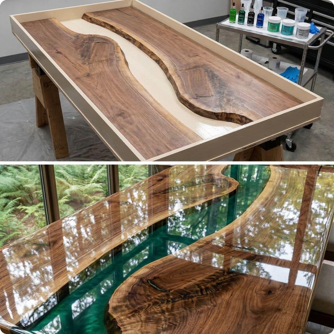 Live edge green epoxy river table 