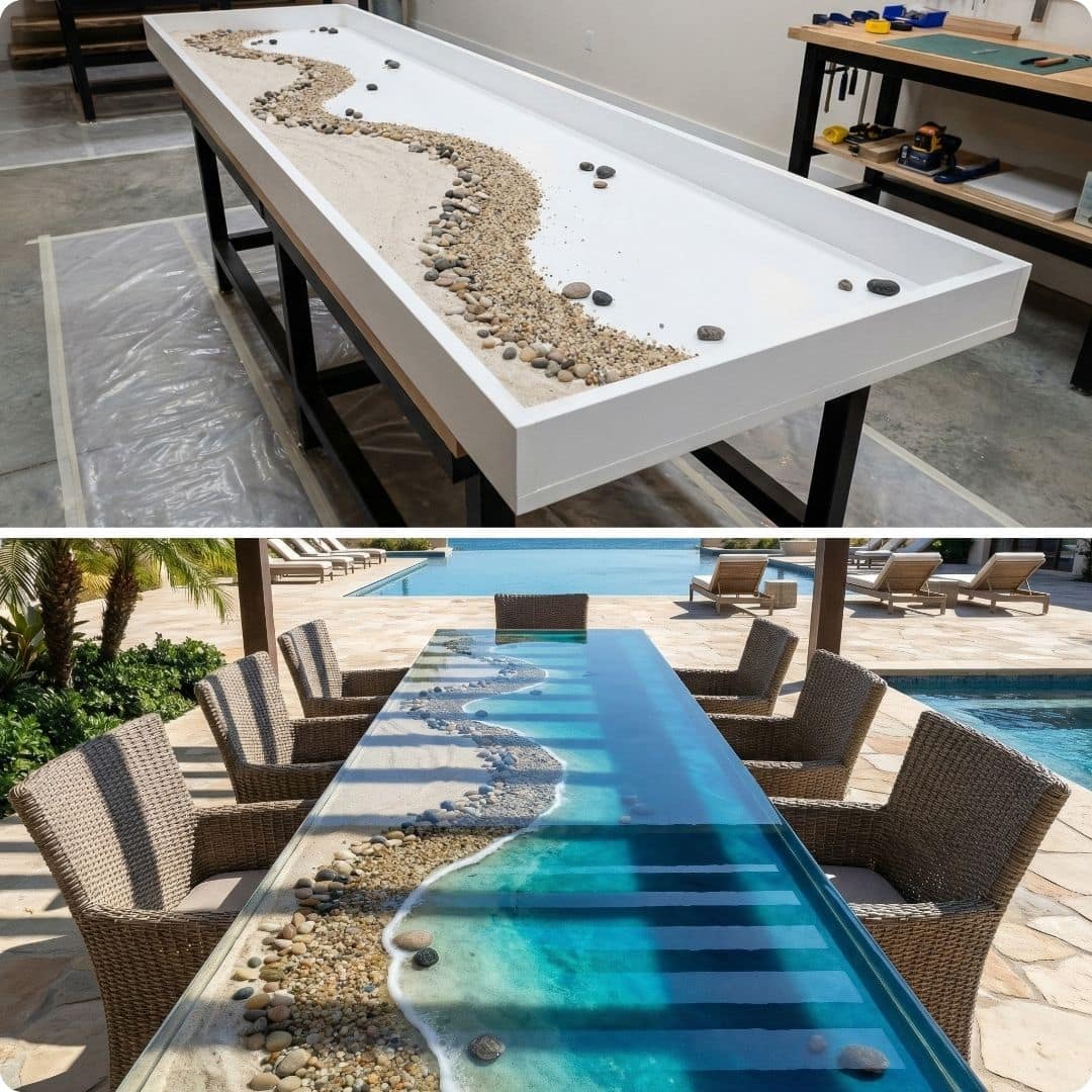 Table with beach-themed design featuring pebbles and water. Epoxy Resin.