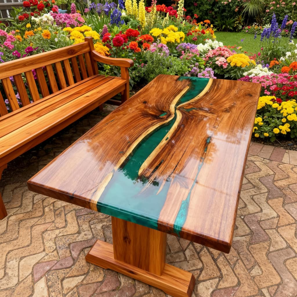 Wooden epoxy table with a green resin river design in a garden setting