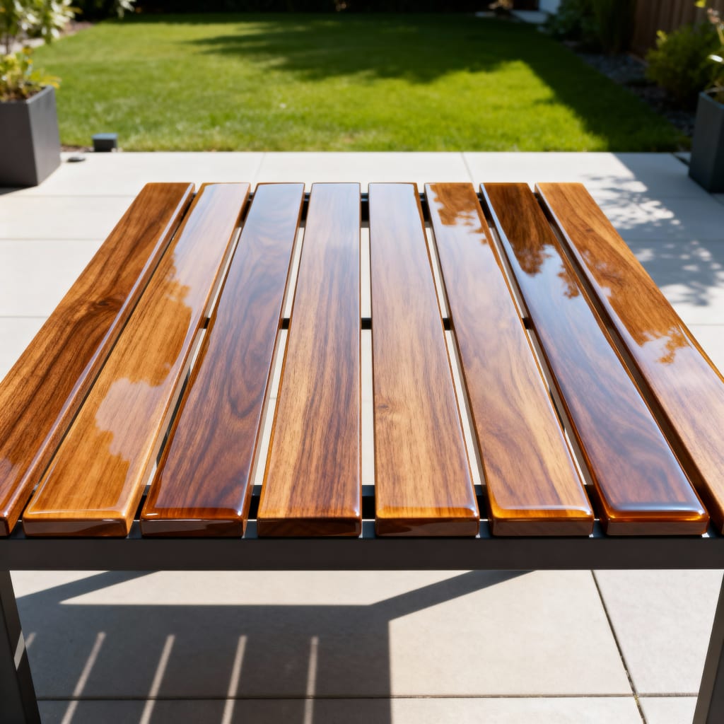 epoxy Wooden outdoor table with a garden background